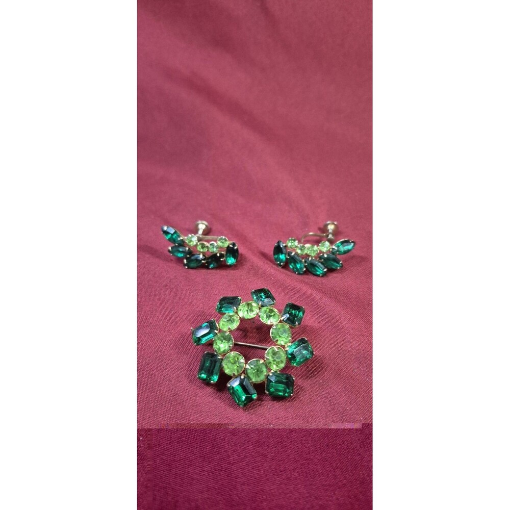 Vintage Green Rhinestone Wreath Brooch Earring Set Mid Century Costume Jewelry